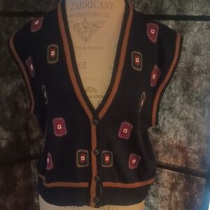 Vintage Geometric Patterned Navy Blue Sweater Vest